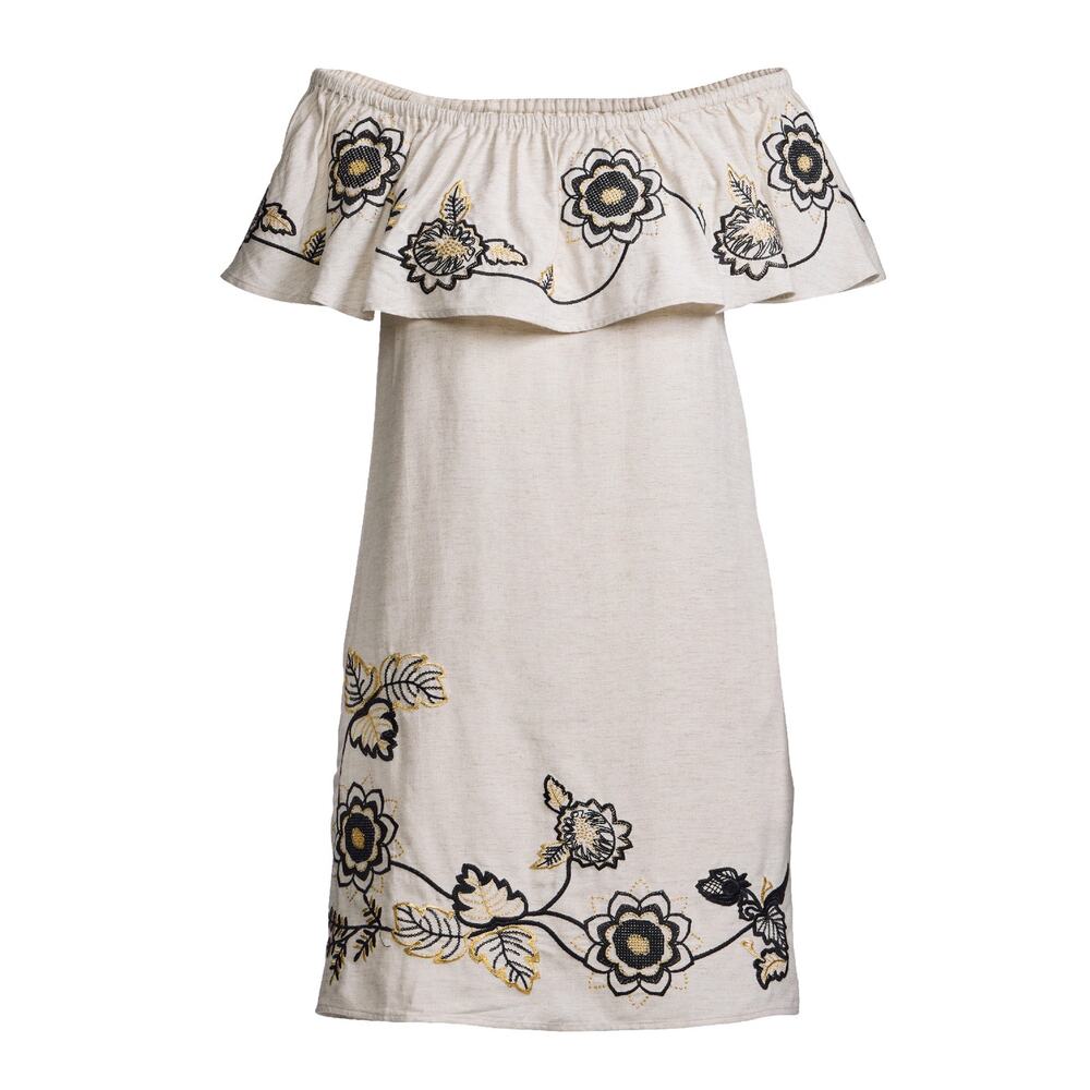 Boston Proper Linen Floral Embroidered Off Shoulder Shift Dress XL Flax Cream - Picture 2 of 10